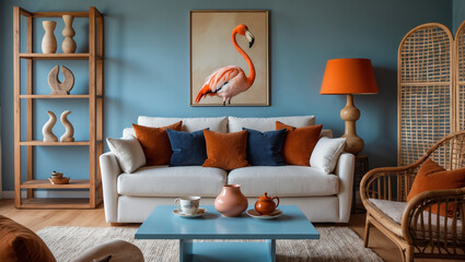 A serene living room bathed in warm light, featuring a striking flamingo artwork above a cream sofa adorned with burnt orange and navy cushions, creating a tranquil and inviting atmosphere.