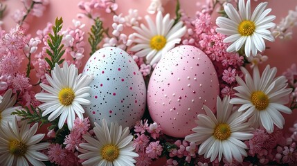 Two pastel-colored eggs nestled amongst spring flowers