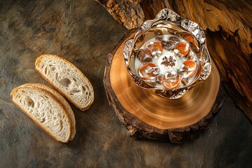 Artisan bread slices alongside a bowl of dessert