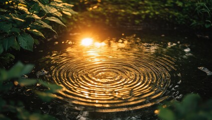 Golden ripples on still water, surrounded by lush foliage