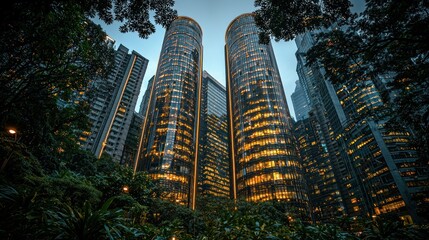 Fototapeta premium Urban jungle skyscrapers illuminated at dusk