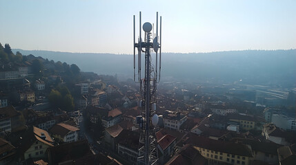 Aerial view of cell tower over city