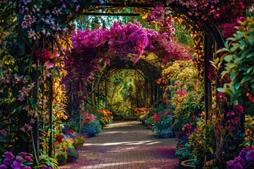 Fototapeta premium Vibrant garden filled with blooming flowers in a lush setting during sunny afternoon