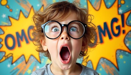 Surprised Little Boy Wearing Glasses Expressing Shock with 'omg' Background
