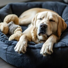 Sweet Golden Labrador Dog Sleeping Peacefully in Cozy Dog Bed with Toy