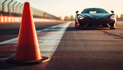 Orange traffic cone on a race track with a luxury sports car in the background