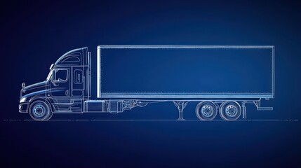 A blueprint depiction of a semi truck and trailer vehicle