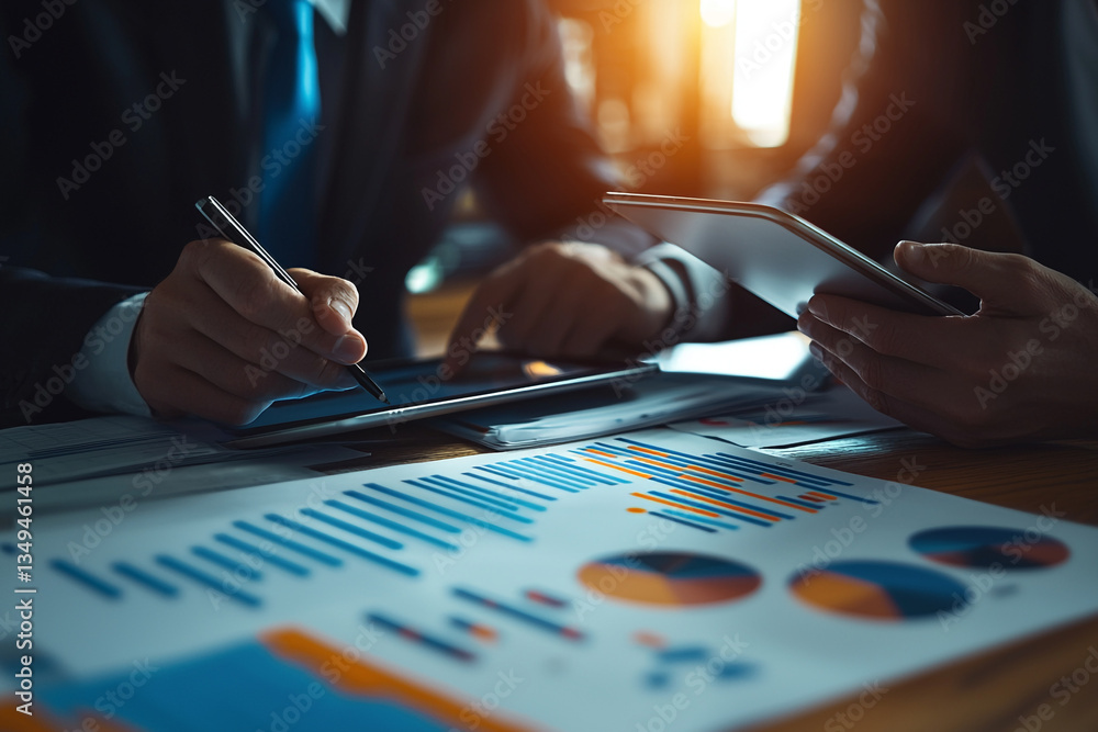 Poster business people analyzing charts and using tablets for data analysis in a meeting setting