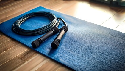  A jump rope and resistance bands neatly placed on a workout mat.