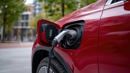 Red electric vehicle charging at a station.  Close-up view of the charging port