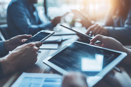 Business team collaborating with mobile devices and tablets at a meeting in a bright office space