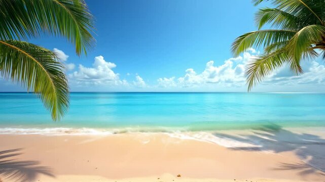 Tropical white sand beach with palms, clear blue sea and white clouds on the horizon loop