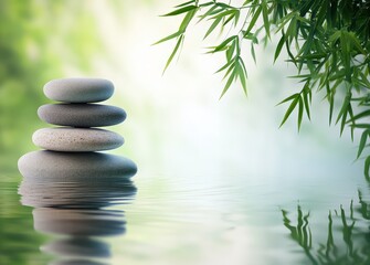 Obraz premium A serene stack of smooth stones rests on water, surrounded by lush greenery, creating a peaceful and tranquil atmosphere.