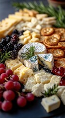 A delectable cheese board featuring an array of cheeses, crackers, berries, and grapes