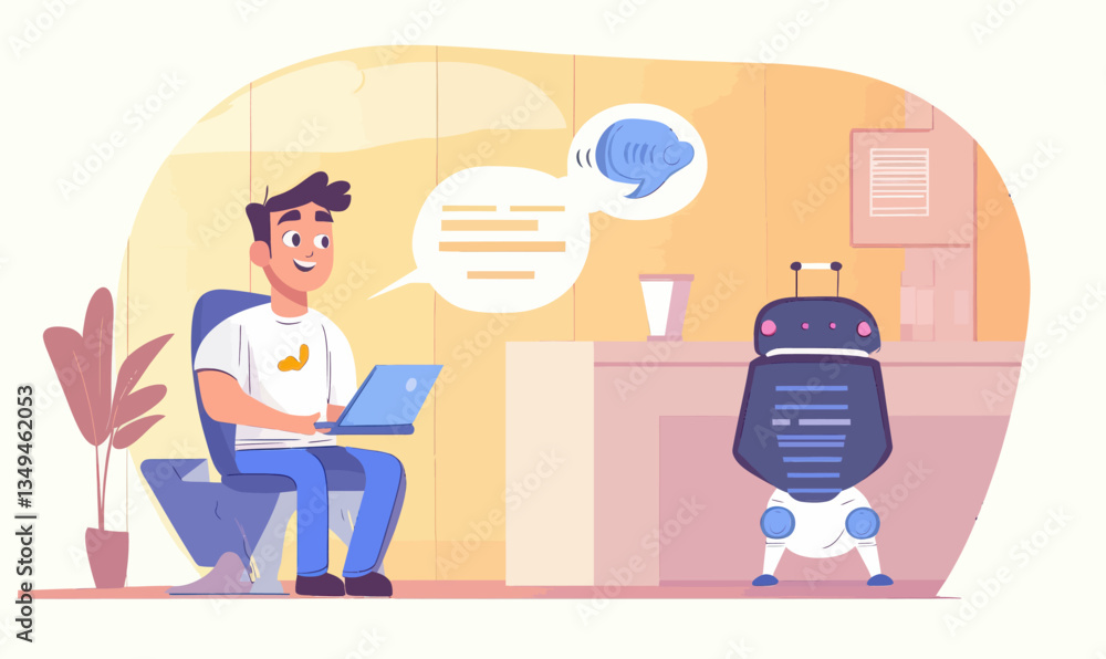 Poster businessman interacting with chatbot in modern office setting - ai and automation concept