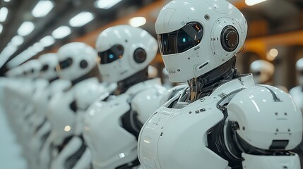 Fototapeta premium A Silent Army Of Sleek, White Robots Stands Poised In A Futuristic Factory, Their Polished Armor Gleaming Under Industrial Lighting