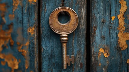 Antique skeleton key hangs on weathered wood