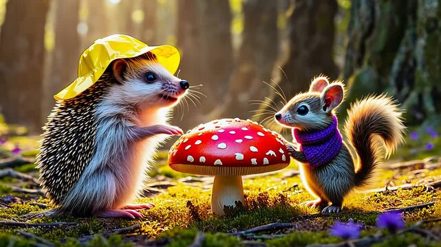 the hedgehog and the squirrel found a mushroom in the forest