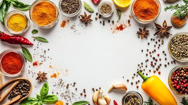 Colorful assortment of spices and herbs arranged artistically on a white background, showcasing culinary diversity and inspiration for cooking and flavoring delicious dishes.