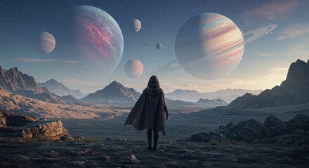 Mysterious hooded figure in alien landscape with planets and rings