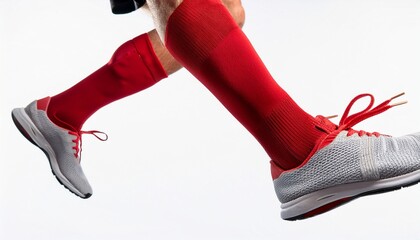 A close up view of a pair of athletic's feet wearing red socks while jumping in the air; side profile; white background