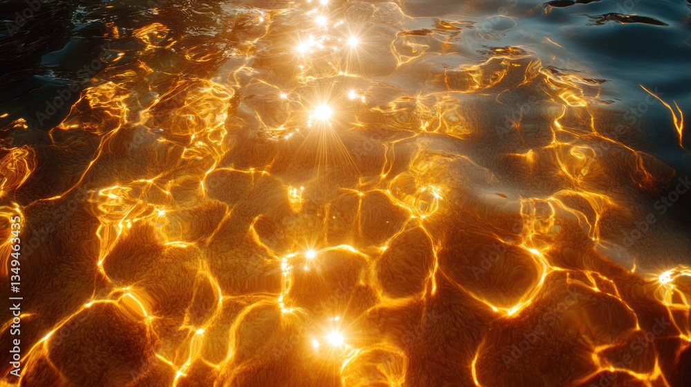 Poster golden sunlight reflecting on water's surface, creating mesmerizing patterns
