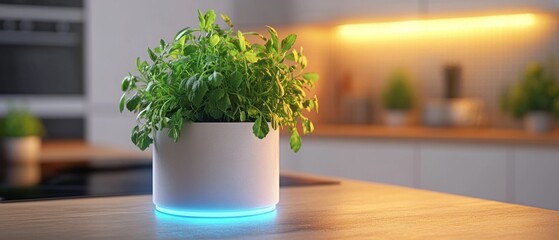 A green potted plant sits atop a wooden kitchen counter