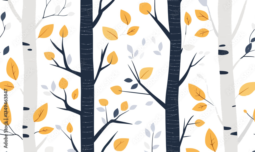 Aufkleber minimalist birch tree seamless pattern with autumn leaves in vector style
