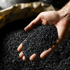 Hand holding black Plastic pellets Background Close-up Plastic granules Polymer plastic beads resin...