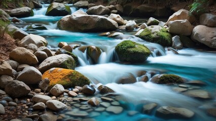 A close-up view of clear water flowing from a stone pipe into a shallow stream.