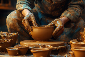 a person is making a bowl on a pottery wheel in a pottery shop with other pottery pots and bowls