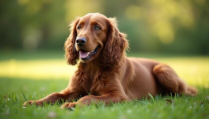 Irish Setter Dog Lying on Green Grass Relaxing Outdoors in Summer