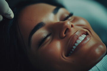Close up of a woman with closed eyes smiling with white teeth during a dental examination procedure