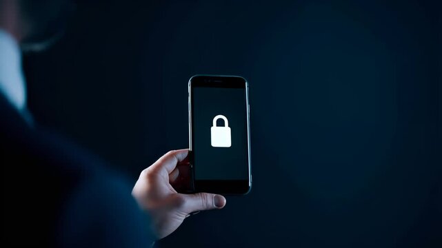 Businessman holding smartphone with lock icon on screen, symbolizing digital security and privacy on dark blue gradient background. Concept of data protection and cybersecurity
