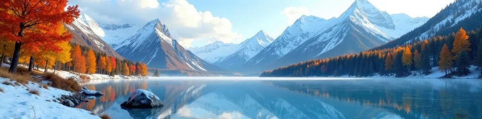 Frozen lake with trees and mountains in the background, autumn, frozen, lake