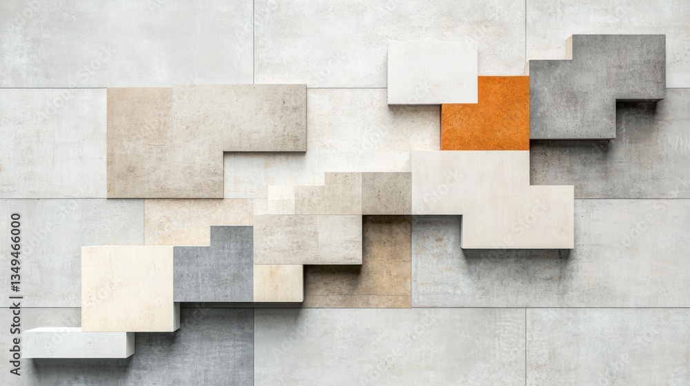 Poster abstract 3d puzzle-like arrangement of various neutral-toned blocks on a tiled wall