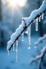 Frozen landscape with ice crystals forming on a tree branch, frost, winter