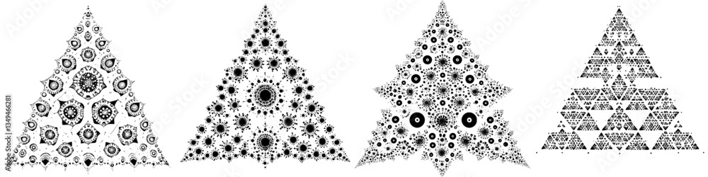 Poster intricate black and white patterns resembling christmas trees are displayed in various designs showc