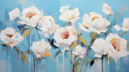 Delicate white roses bloom against a soft blue background in impressionist art