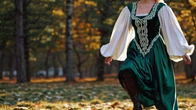 cinematic mid-range shot of a woman in a flowing medieval-inspired dress running through a lush, sun-dappled meadow.  