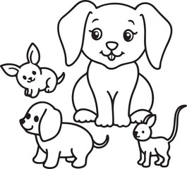 Fototapeta premium A kids' coloring page showcasing a vector silhouette of an elephant alongside two playful cats