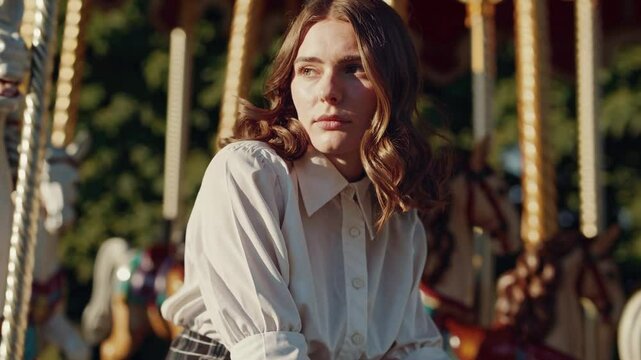 cinematic mid-shot of a young woman sitting on the edge of an old-fashioned carousel, lost in thought. She wears a classic schoolgirl outfit 