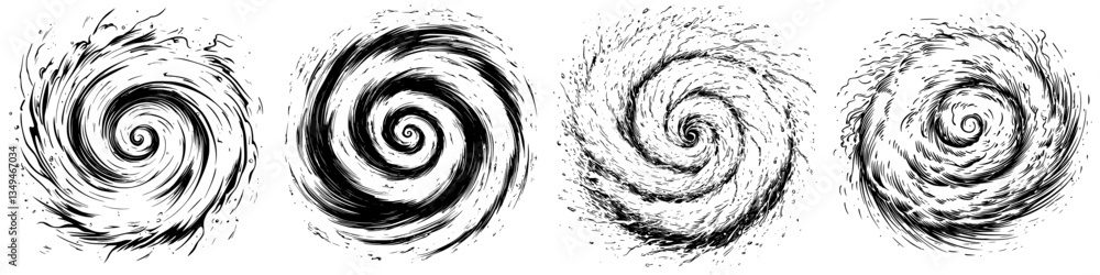 Poster swirling patterns of black and white depicting dynamic movement and energy in abstract art forms