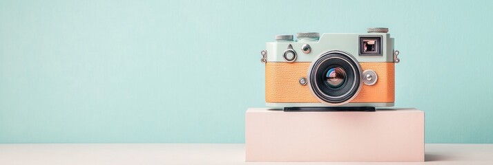 Retro camera on pastel platform.  A vintage aesthetic