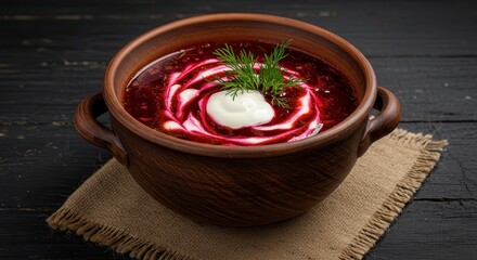 Serving of Red Beet Soup Garnished with Cream and Dill
