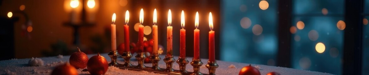 Hanukkiah with lit candles, warm glow, festive atmosphere, winter wonderland, hanukkah