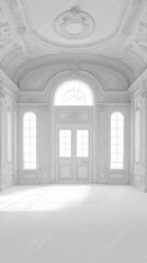 Elegant and ornate white room with detailed architectural features and windows
