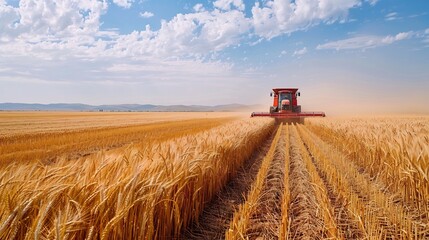 Fototapeta premium Vast wheat farm in China where advanced GPS guided tractors and automated harvesting machines process acres of golden wheat highlighting precision farming techniques