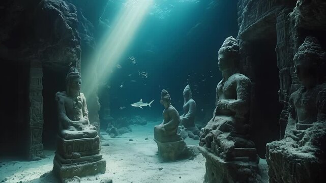 Ancient stone statues in underwater temple illuminated by sunbeams with a shark swimming among scattered ruins and fish. Concept of lost civilizations and sacred ocean mystery
