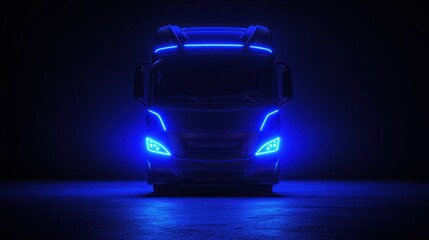 A modern semi truck illuminated with bright blue neon lighting
